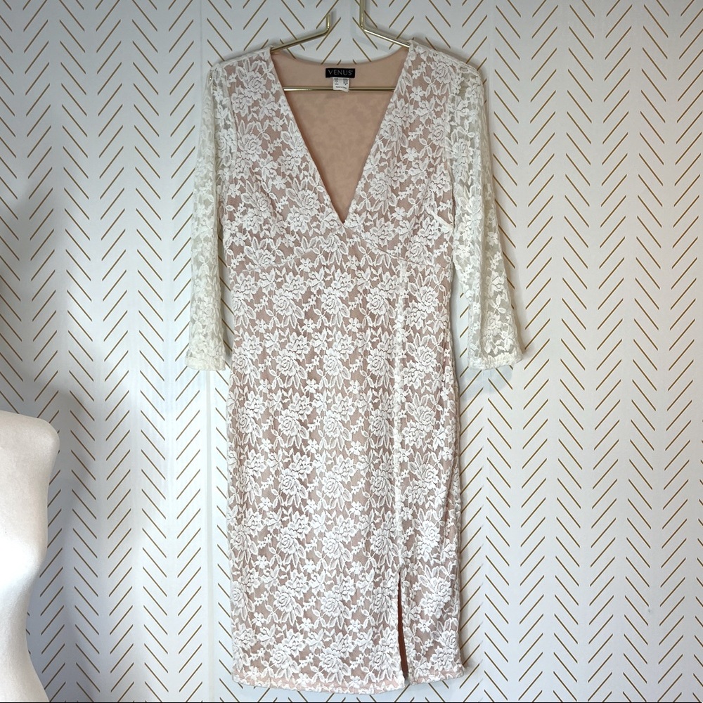 Venus lace white midi dress. V neck line. Size M.